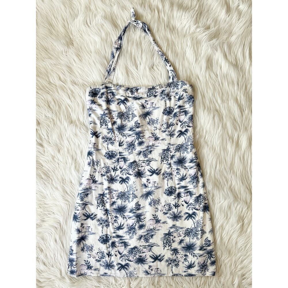 Abercrombie & Fitch Halter Mini Dress Linen Blend Tropical Toile Floral White - Picture 4 of 12